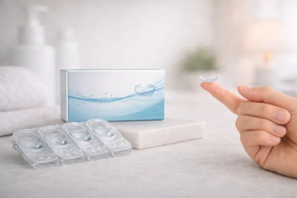 Lentille de contact transparente tenue entre deux doigts, illustrant la précision et la qualité optique