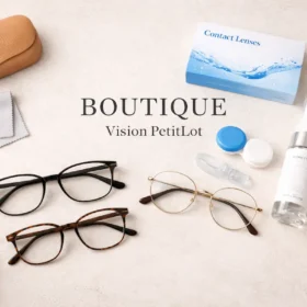 Présentation de montures, lentilles de contact et accessoires optiques sur fond clair, boutique Vision PetitLot