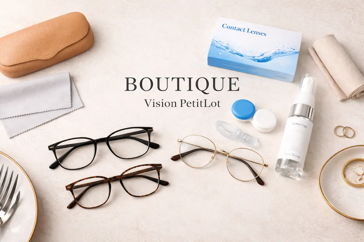 Présentation de montures, lentilles de contact et accessoires optiques sur fond clair, boutique Vision PetitLot