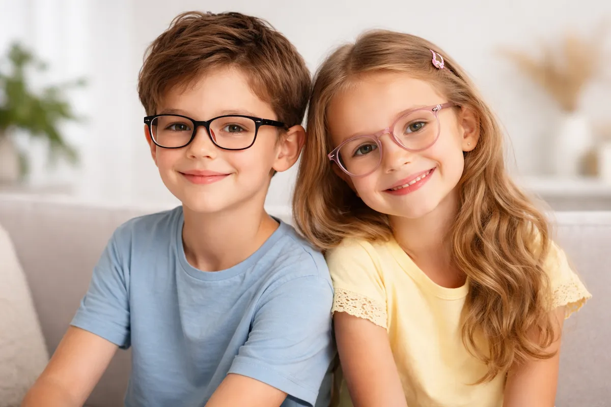 Garçon et fille portant des lunettes enfants confortables, collection Vision PetitLot