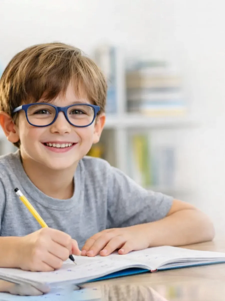 Enfant portant des lunettes de vue adaptées à la correction visuelle et au confort pendant les activités scolaires