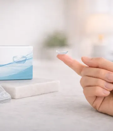 Lentille de contact transparente tenue entre deux doigts, illustrant la précision et la qualité optique
